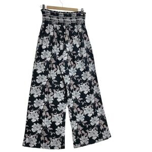 DAHUI Hawaii Smocked Waist Wide Leg Linen Blend Hawaiian Floral Print Pants L